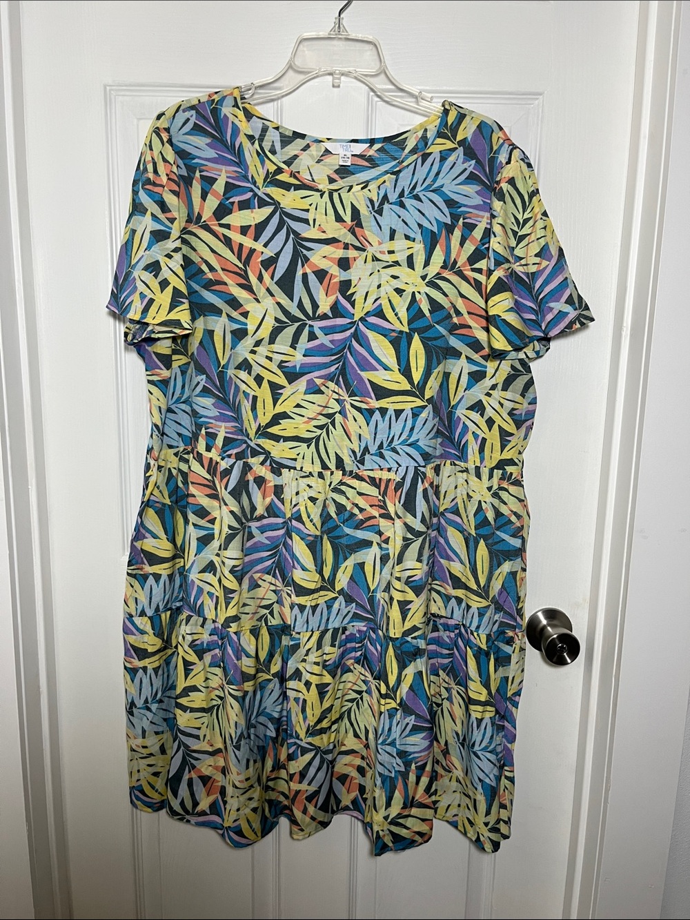 Time and Tru Multicolor Leaf Print Tiered Dress - Yellow, Blue, Purple